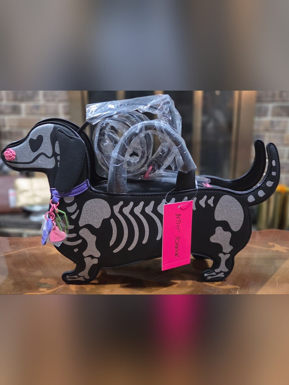 Betsey Johnson "Bone to be Wild" Skeleton Dachshund Crossbody Bag